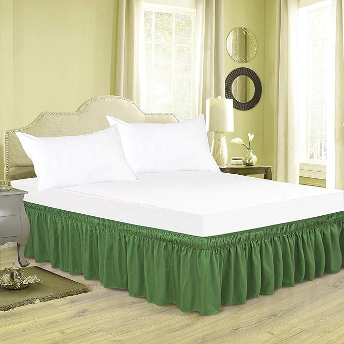Wrap Around Bed Skirts Elastic Dust Ruffles, Easy Fit Wrinkle and Fade Resistant Silky Microfiber Fabric Solid Color Bedskirt, 12 Inch Tailored Drop Sage for Queen Size Bed Skirt