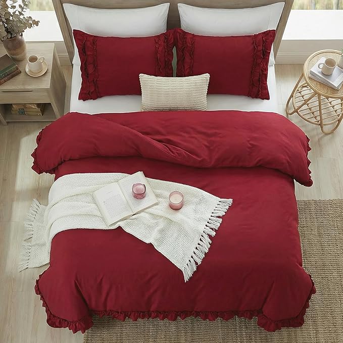 Burgundy Duvet Cover Queen Size Ruffled Bedding Set Vintage Lace Ruffle Elegant Bedroom Decor Shabby Chic Farmhouse Style Boho Chic Duvet Cover Set for All Season