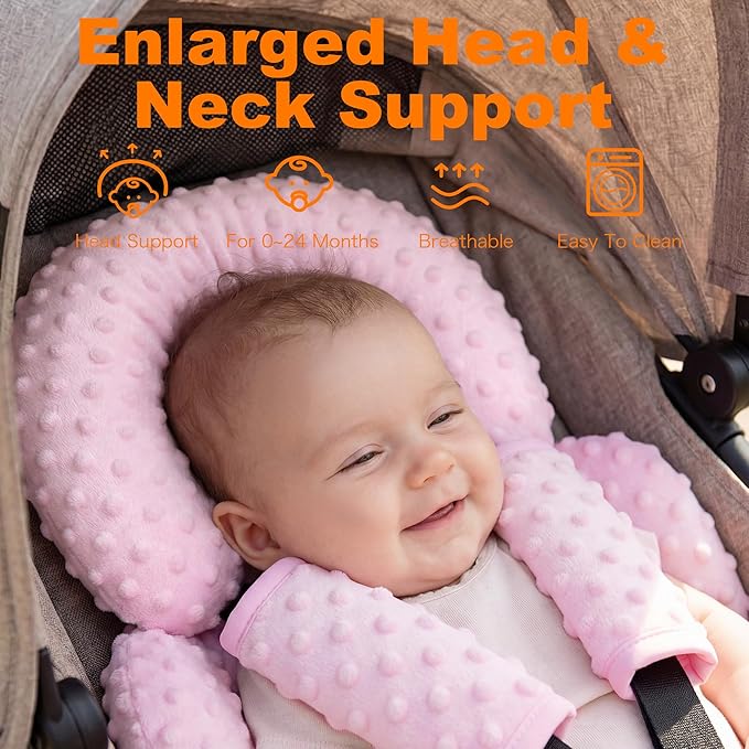 Pro Goleem Infant Car Seat Head Neck Body Support, Ultra-Soft Minky and Microfiber Car Seat Strap Pads, Perfect for Stroller, 2-in-1 Reversible, Girls, Pink