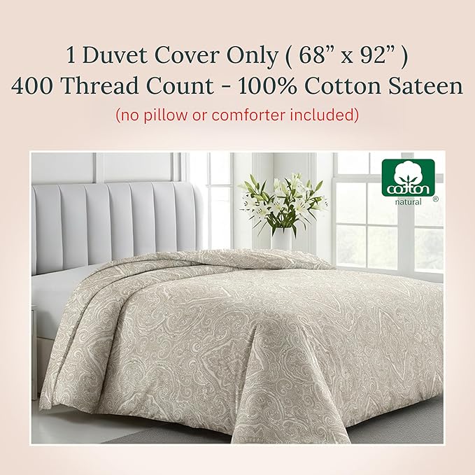 California Design Den Natural 100% Cotton Twin Duvet Cover/Twin XL Only - Premium 400 Thread Count, Soft Sateen Weave, Button Closure and Corner Ties - Paisley Beige