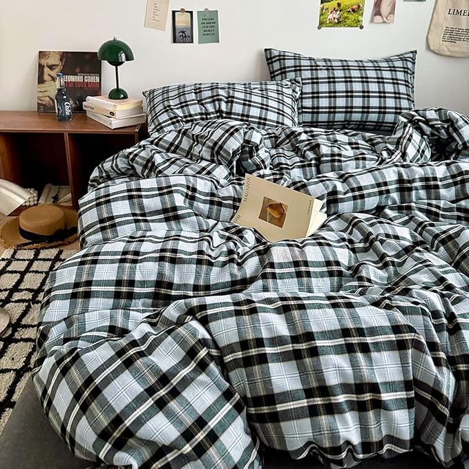 LifeTB Queen Comforter Set Grey Black Plaid Comforter Set, 3 Pieces Vintage Checkered Pattern Grid Comforter with 2 Pillowcases, Fluffy Soft Farmhouse Plaid Bedding Gingham Comforter Set Queen
