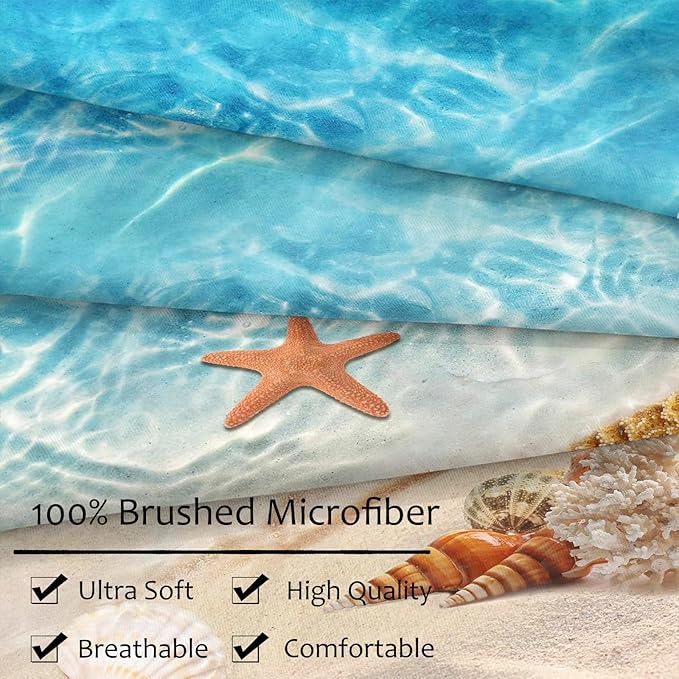 Bedbay California King Comforter Set Beach Theme Bedding Starfish Marine Life Turquoise Ocean Quilt Bed Set California King Soft Microfiber Beach Comforter 3 Pcs(104" Wx96 L)