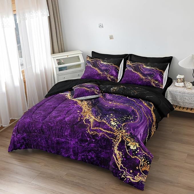 Black Gold Comforter Set - 6 Pcs Purple Marble Bedding Set Twin Size Bed in A Bag - Stone Texture Abstract Room Decor - Purple and Black