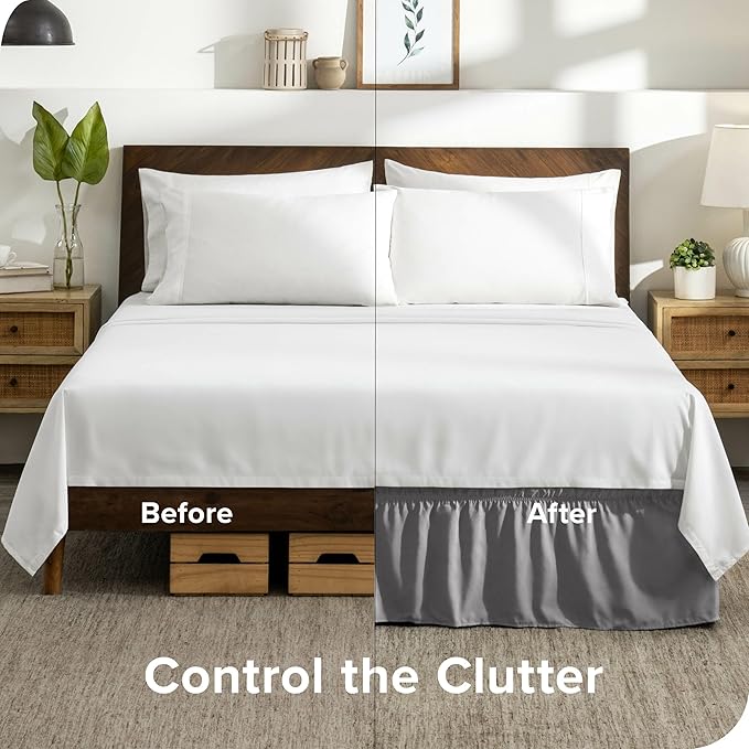 Bare Home Wrap Around Bed Skirt - for Cal King Size Beds with 15 inch Tailored Drop - Easy Fit Elastic Strap - Adjustable and Ruffled Style - Wrinkle, Fade, and Stain Free (Cal King, Light Grey)