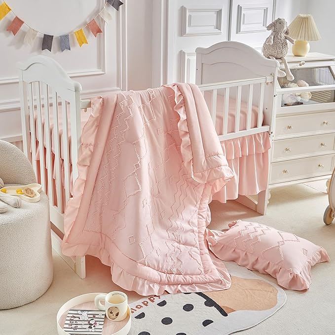 AIKASY The Ruffled Shabby Crib Bedding Set for Girls, Baby Quilted Comforter with Fitted Sheet, Bed Skirt, and Pillowcase（Coral Pink）