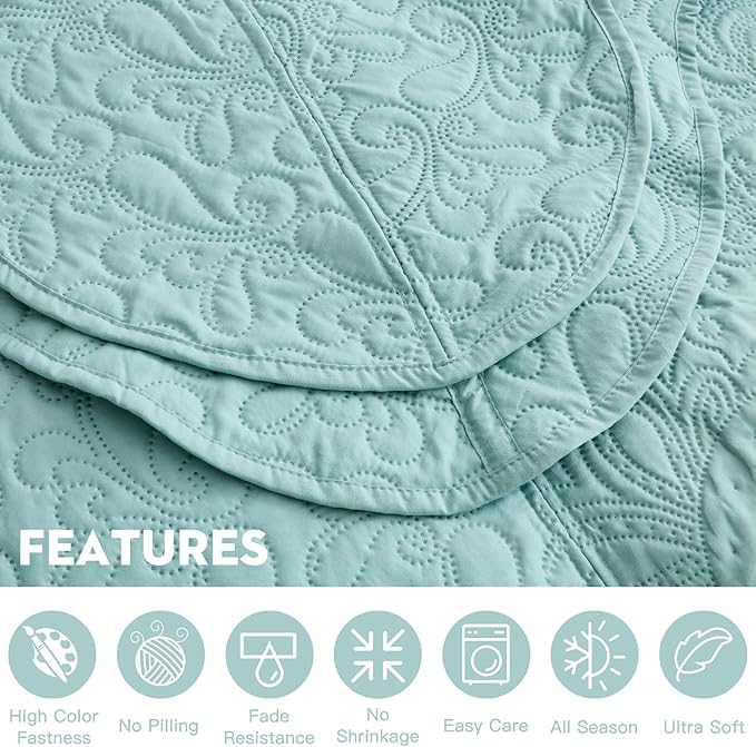 Oversized King Bedspread, Ultrasonic Lightweight Bedding Cover, Paisley Pattern, Reversible, 5 Piece, 100% Microfiber, Seaglass