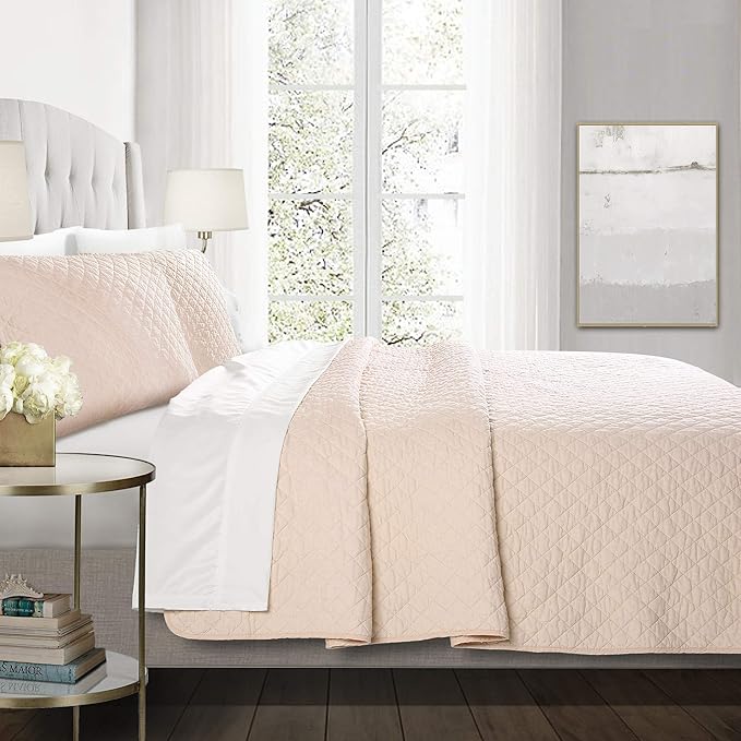 Lush Decor Ava Quilt Diamond Pattern Solid 3 Piece Oversized Bedding Blanket Bedspread Set - King - Blush