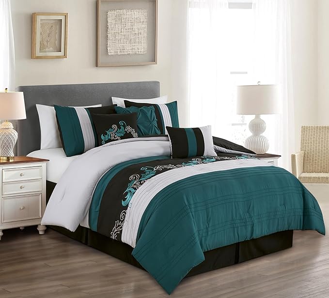 Chezmoi Collection Napa 7-Piece Luxury Leaves Scroll Embroidery Bedding Comforter Set (King, Teal/Black/Gray)