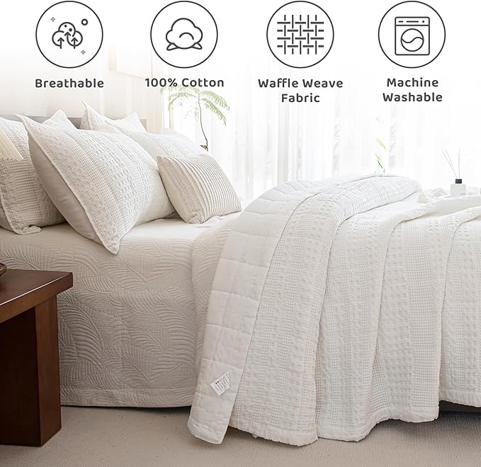 Sanracie Cotton Oversized King Bedspread(128"x120"),White Waffle Quilt Set 3Pcs Soft Lightweight Extra Large King Quilt Bedding Set,Farmhouse Coverlet Quilt Set Shabby Vintage Chic Bedding Set