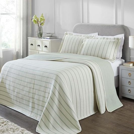 Superior 3 Piece Cotton Reversible Bedspread and Sham Set, Home Bed Decor, Decorative Bed Spread, 2 Pillow Shams, Medium Weight, Matelasse Coverlet Bedding, Valencia Collection, Full Size, Sage