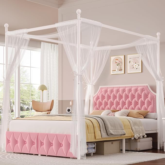 Keyluv Queen Upholstered Canopy Bed Frame with 2 Drawers and Button Tufted Headboard, Metal Platform Bed with 4 Removable Posts Two-Purpose Velvet Bed No Box Spring Needed, Pink/Curtains Not Included