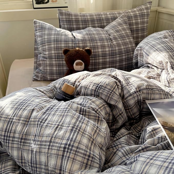 mixinni Twin Duvet Cover Set - 3 Piece Vintage Buffalo Plaid Bedding, 100% Washed Cotton Duvet Cover with 2 Pillowcases, Soft & Breathable Navy Beige White Geometric Grid Pattern for All Seasons