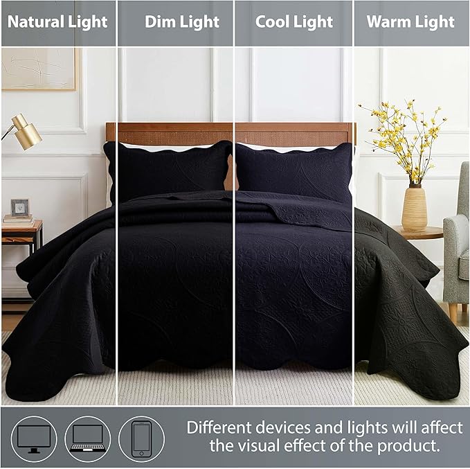 MOONLIGHT20015 8 Pack Quilt King Size Bedding (106" x 96") - Bulk Wholesale for Hotels, Guest Bedroom & Airbnbs - Lightweight Microfiber Reversible Floral Embossed Quilts Bedspreads (Black)