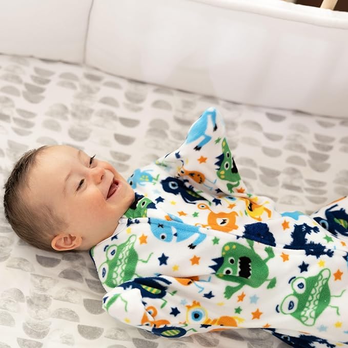 SleepingBaby Zipadee-Zip Transition Swaddle - Cozy Fleece Wearable Blanket with Two-Way Zipper for Baby Sleep - Monster Madness, Medium (6-12 Month)