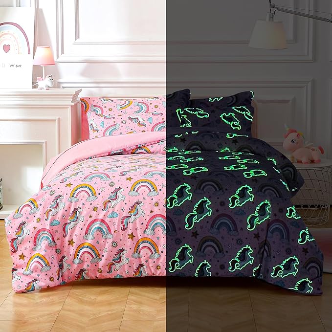 Glow in The Dark Kids Comforter Set, 7 Pieces Pink Unicorn Bedding Set Full Size for Boys Girls Teen, 1 Comforter, 2 Pillowcases, 2 Pillow Shams, 1 Flat Sheet, 1 Fitted Sheet