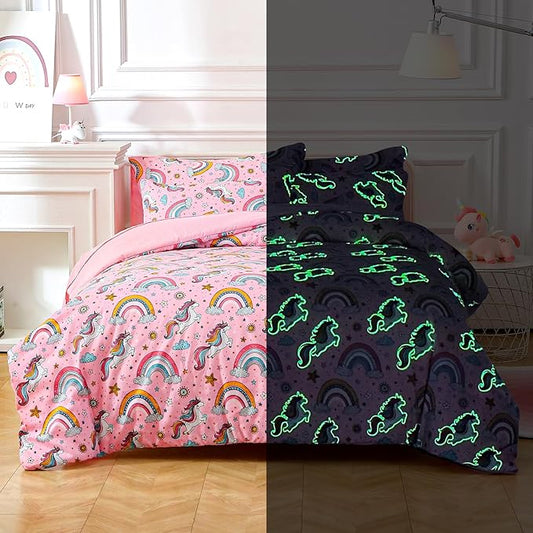 Glow in The Dark Kids Comforter Set, 7 Pieces Pink Unicorn Bedding Set Full Size for Boys Girls Teen, 1 Comforter, 2 Pillowcases, 2 Pillow Shams, 1 Flat Sheet, 1 Fitted Sheet