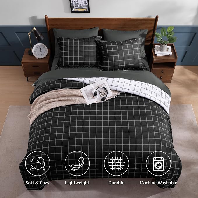 Plaid Twin XL Comforter Set Black, Reversible Checkered Bedding Set 5 Pieces for Boys Girls Teen, Lightweight Bed in a Bag for Dorm with Sheets, Pillowcase & Sham