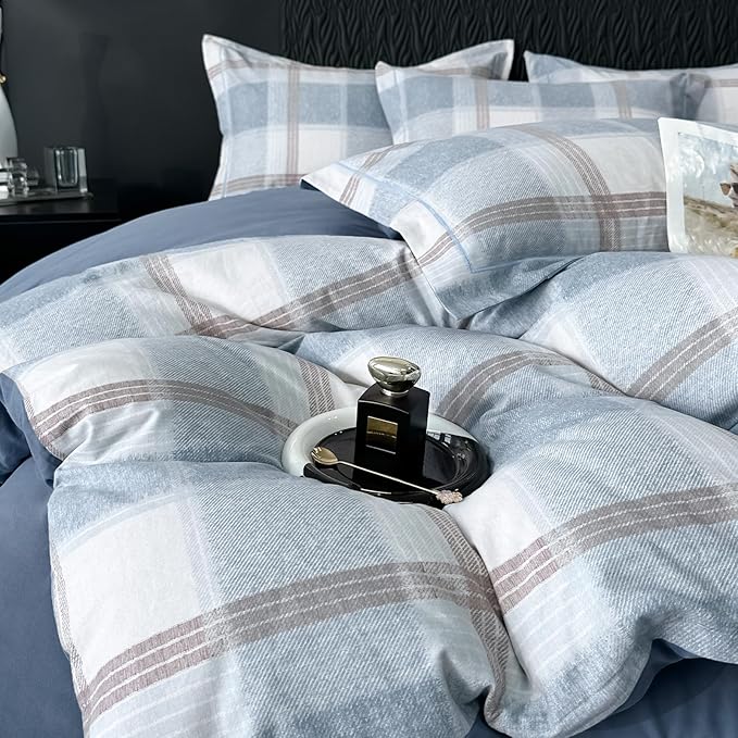 LifeTB Blue White Plaid Duvet Cover King Modern Soft Cotton Brushed Duvet Cover Geometric Plaid Comforter Cover Farmhouse Buffalo Grid Duvet Cover with 2 Pillowcases for Men Women