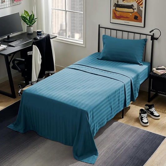 SLEEP ZONE Striped Cooling Twin Sheets Set for Kids - Fitted Flat Sheet & Pillowcase Sets 3 Piece - Super Soft Stripe Bed Sheet, Easy Care, Deep Pocket (Teal, Twin)