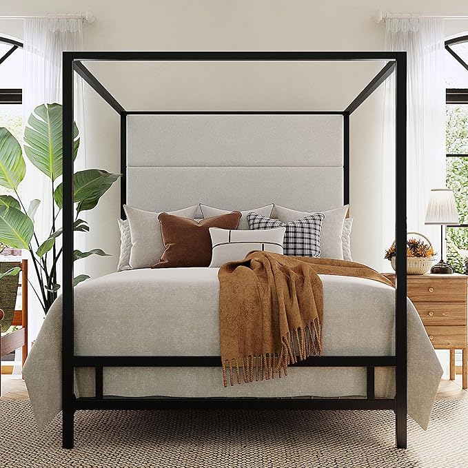 Merax King Size Modern Canopy Bed Frame, with Tall Linen Fabric Upholstered Headboard Metal 4-Poster, Box Spring Needed, Black + White
