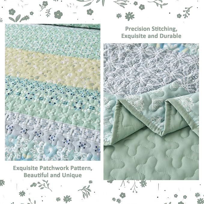 WONGS BEDDING Boho Quilt Set King, Sage Green Bohemian Striped Patchwork Bedspread Coverlet Set with 2 Pillowcases,Lightweight Microfiber Floral Bedding Set 104"×90"