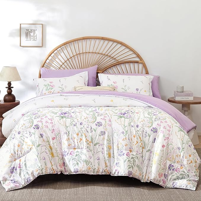 Yiran 7 Piece Floral Full Size Comforter Set, Purple Flower Comforters Bedding Set Aesthetic Botanical Bed in a Bag for Women Girls, Soft Microfiber Cottagecore Farmhouse Bed Set with Sheets