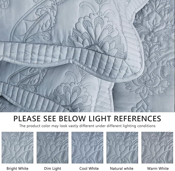 CHIXIN Oversized Bedspread Coverlet Set King Size - Lightweight Bedding Cover - Beautiful Stitching - 5 Piece Reversible Bedspread - Gorgeous Damask Paisley Pattern (King, Light Grey)