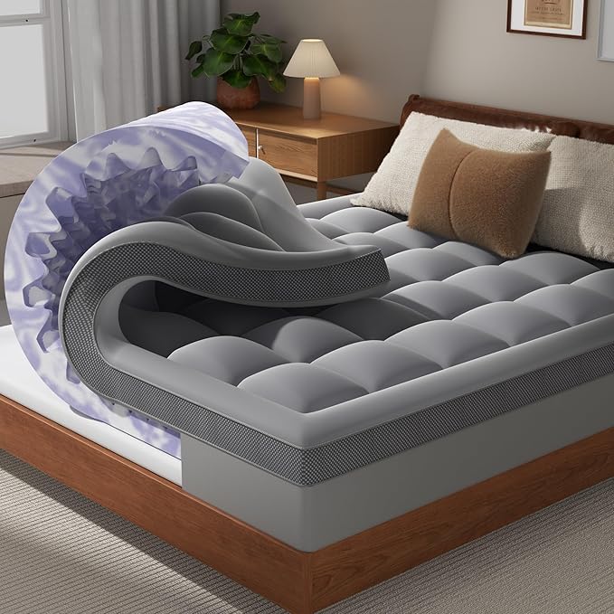 Dual Layer 4 Inch Memory Foam Mattress Topper Twin - 2 Inch Gel Memory Foam and 2 Inch Pillow Top Mattress Pad, 7-Zone Egg Crate Twin Size Mattress Topper (Dark Gray)