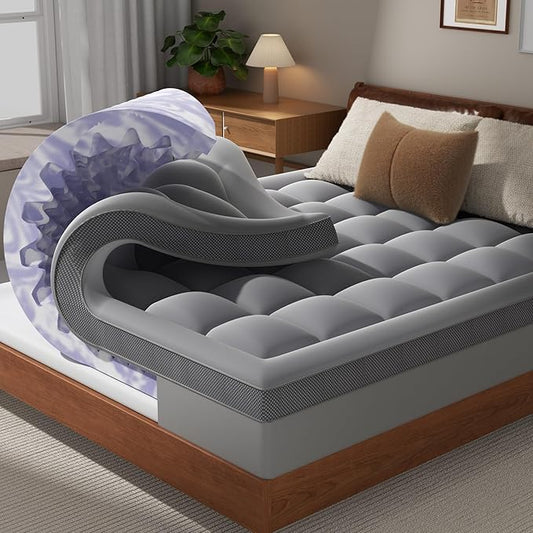 Dual Layer 4 Inch Memory Foam Mattress Topper Queen - 2 Inch Gel Memory Foam and 2 Inch Pillow Top Mattress Pad, 7-Zone Egg Crate Queen Size Mattress Topper (Gray)