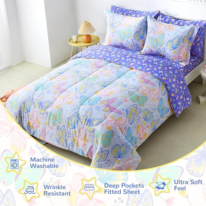 Viviland Kids Twin Bedding Sets for Girls, Soft Twin Comforter Set with Sheets, 5 Pieces Microfiber Bed in a Bag, Colorful Butterfly