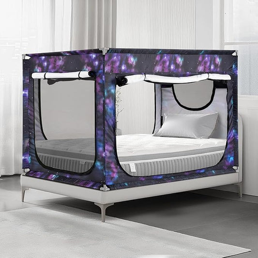 Twin Bed Canopy Portable Blackout Bed Tent Privacy Tent for Adult Indoor Sleeping with 3 Doors, Storage Bag, Galaxy