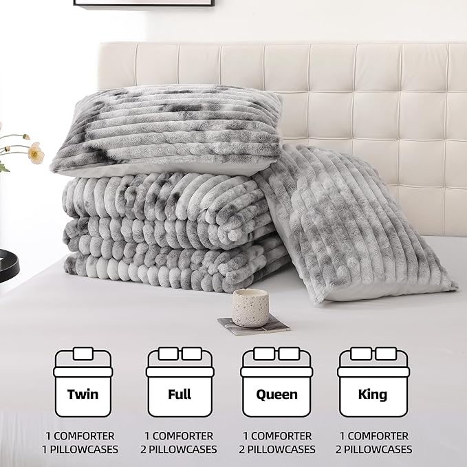 Smoofy Fluffy Full Size Comforter Sets 3 Pieces - Tie-dye Grey Fleece Fluffy Comforter Set, Luxury Fuzzy Full Bed Set, Soft Comforter Full Size All Season, Heavy Faux Fur Comforter with 2 Pillow Cases