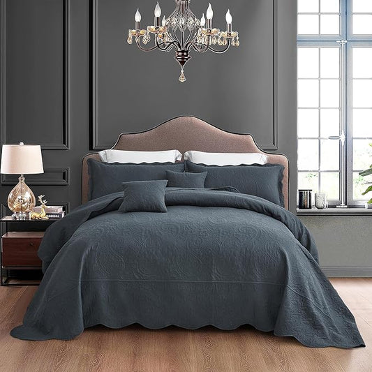 Oversized King Bedspread 128x120 Extra Wide, Ultrasonic Lightweight Bedding Cover, Paisley Pattern, Reversible, 5 Piece, 100% Microfiber, Polar Night