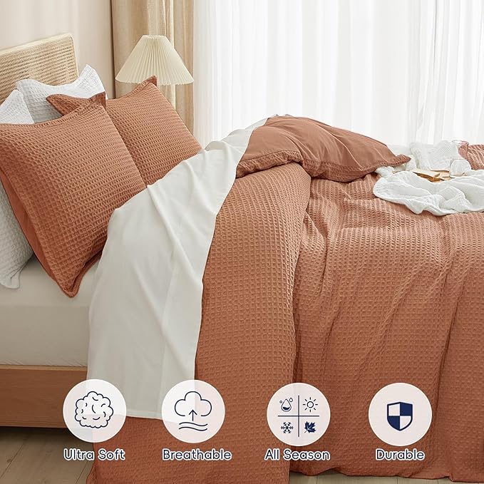 PHF Waffle Duvet Cover Set Twin/Twin XL Size, No Snagging Ultra Soft Luxury Textured Breathable Comforter Cover for All Season 2pcs, Durable Bedding Duvet Set with 1 Pillow Sham, 68"x90", Terra Cotta