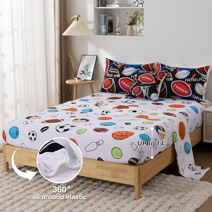 A Nice Night Boys Rugby Balls Comforter Set 6-Piece Bed-in-a-Bag with Sheet Set, Full Size Polyester Bedding Collections for Kids,Red Black