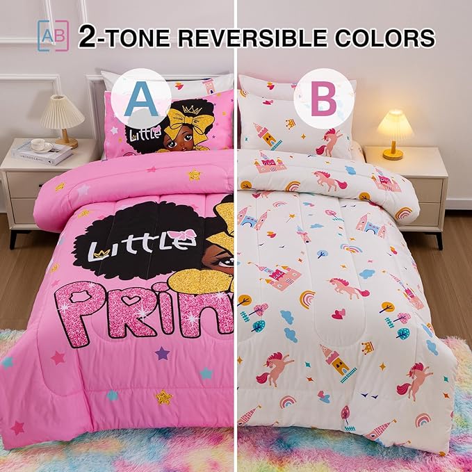 A Nice Night Black Girl Little Princess Comforter Set, Pink 6Pcs Bed in A Bag Queen Size Sparkling Stars Bedding Set,for Kids, Girls