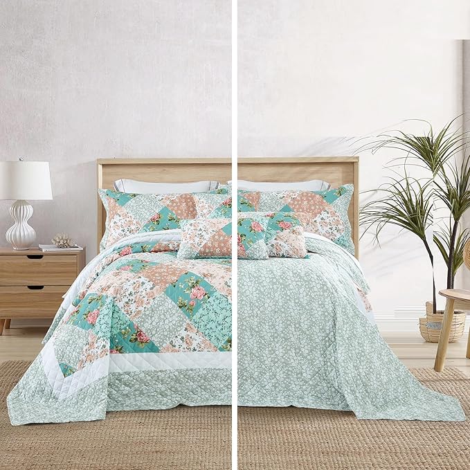 Oversized King Bedspread 138x120 Extra Wide, Farmhouse Patchwork Floral Quilt Bedding Cover, Reversible, 6 Piece, 100% Microfiber, California/Alaskan King, Rosa Chinensis Jacq