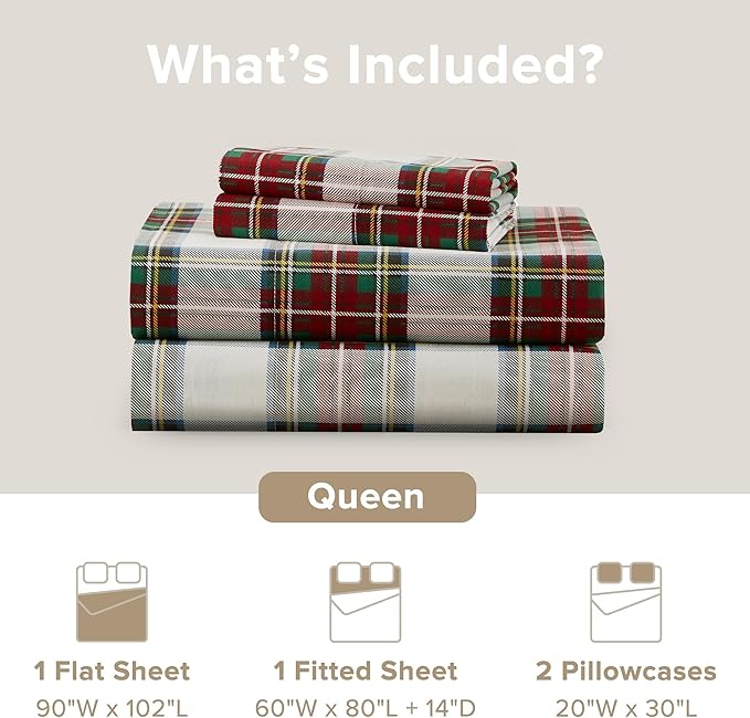 Comfort Spaces 100% Cotton Sheets Queen, Breathable, Naturally Cool Cotton Sheets,Cotton Bed Sheets with 14" Elastic Pocket Fits up to 16" Mattress, All Seasons Sheet Set, Scottish Plaid Red 4 Piece