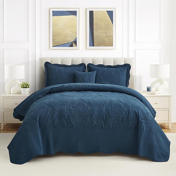 CHIXIN Bedspread Coverlet Set Queen Size - Lightweight Bedding Cover - Beautiful Stitching - 5 Piece Reversible Bedspread - Gorgeous Damask Paisley Pattern (Queen, Navy)