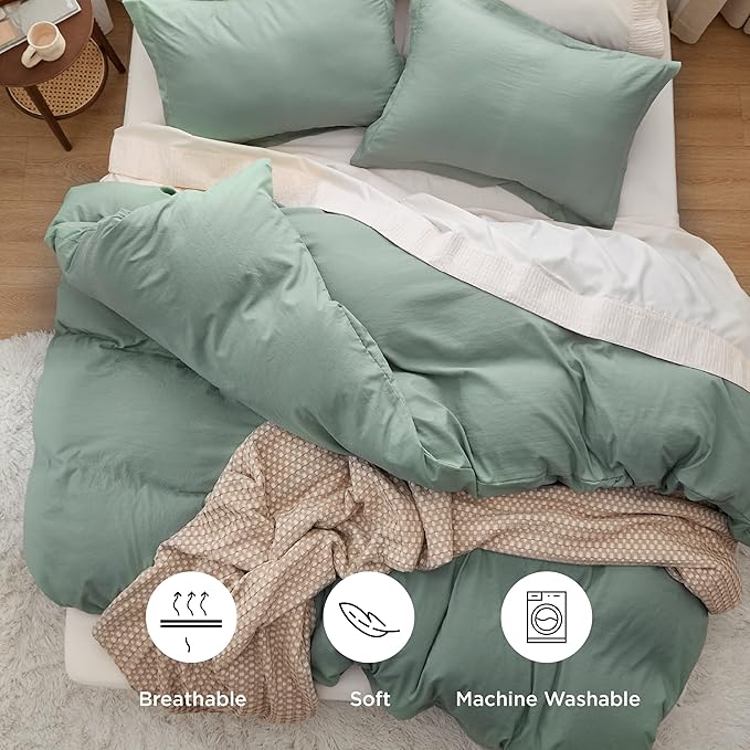 Bedsure Sage Green Duvet Cover Full Size - 3 Pieces Prewashed Extra Soft Cotton-Like Polyester Bedding Set, Includes 1 Duvet Cover 80x90 Inches with Zipper Closure & 2 Pillow Shams, No Comforter