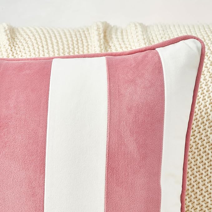 MONDAY MOOSE Decorative Throw Pillow Covers Cushion Cases, Set of 2 Soft Velvet Striped Piping Edge Designs, Pillow Inserts Not Included (16x16 inch, Light Pink/White)
