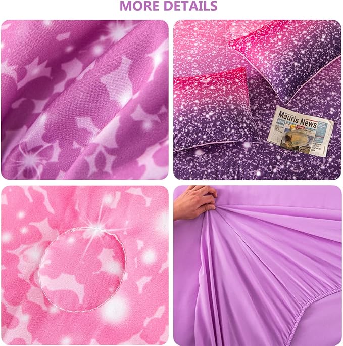 PERFEMET Pink Purple Girls Queen Comforter Set with Sheets 6 Pieces Colorful Rainbow Tie Dye Kids Bedding Set Sparkle Glitter Ombre Bed in A Bag Soft Fluffy Teen Girl Bed Set for Bedroom Decor