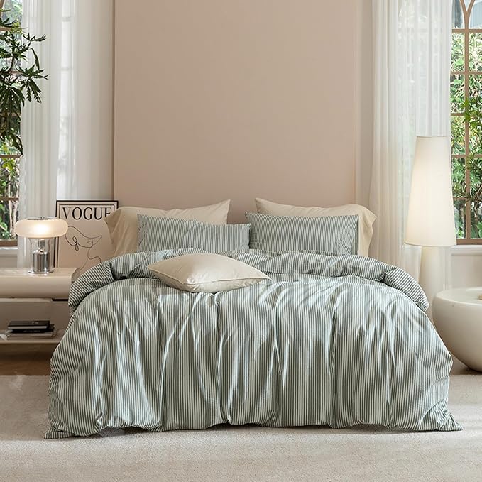 JIYUAN 100% Washed Cotton Striped Duvet Cover Set 3 Pieces Queen, 1 Duvet Cover and 2 Pillowcases(Comforter Not Included),Linen Like Comfy and Breathable,Pinstripes - Green White