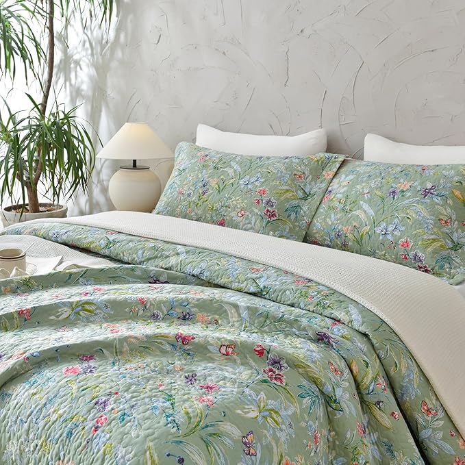 QSH 100% Cotton Quilt King Size Bedding Set (110"x98") 3Pcs Green Floral Quilt Set Summer Flower Bird Butterfly Printed Bedspread Coverlet King Soft Lightweight Bedding Set for All Seasons