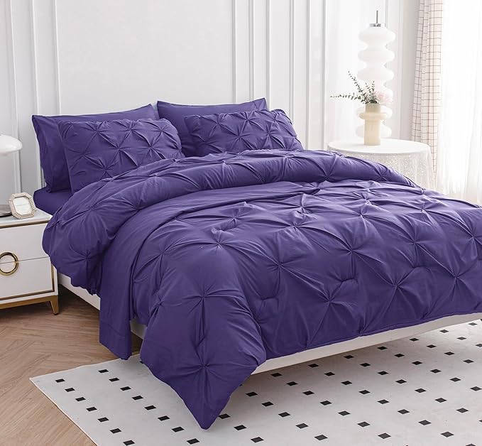 LANE LINEN Full Size Comforter Set - 7 Piece Bed in a Bag Hotel-Style Pintuck Stitch - All Season Bedding Set with Comforter, Flat Sheet, Fitted Sheet, Pillowcases & Shams - Soft Cozy Bed Set - Purple | Cozy microfiber, Easy maintenance, Easy maintenan...