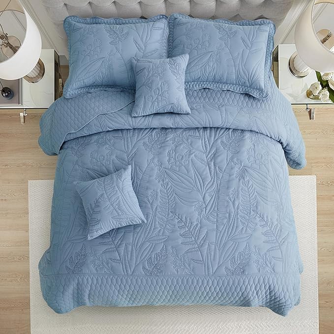 Botanical Oversized Bedspread Queen Size - Leaves Pattern Stitching Quilt Set - Elegant & Fresh Style Bedding Coverlets, Reversible, Lightweight, 5 Piece, Ashley Blue