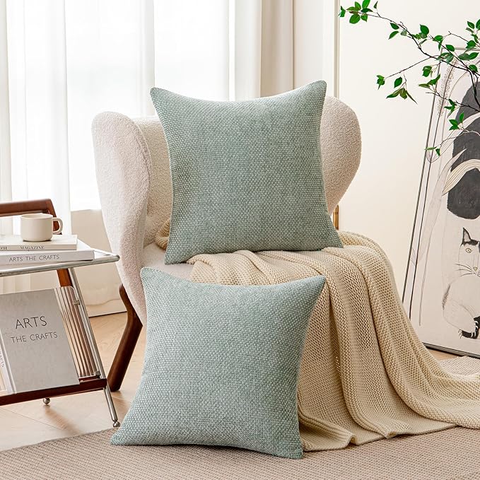 a moment Light Green Chenille Throw Pillow Covers 24x24 Inch Pack of 2 Modern Decorative Throw Pillow Cases Farmhouse Cross Covers Home Decor for Sofa Living Room Spring