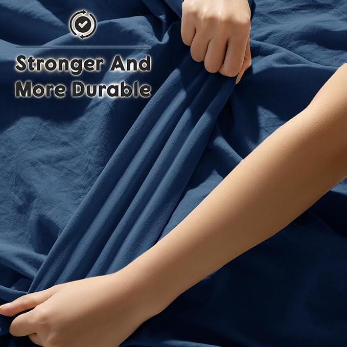 SONORO KATE 100% French Pure Linen Sheets, Breathable and Durable Line Sheets, Anti-Tear Line Bed Sheets, Machine Washable, 16 Inch Deep Pocket - 4 Piece (Navy Blue, California King)