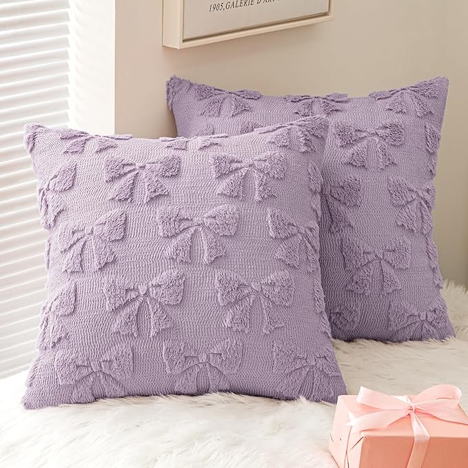 MIULEE Light Purple Bow Pillow Covers Coquette Room Decor Aesthetic Set of 2 Decorative Cute Girl Vlentine Pillow Covers Spring Soft Plush Faux Pillowcase for Preppy Room Bedroom Couch,20x20 Inch