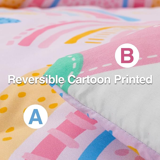 A Nice Night Lightweight Soft Cartoon Rainbow 6Pcs Full Comforter Sets, Love Hearts Printed Bedding Set for Boys Girls,Pink